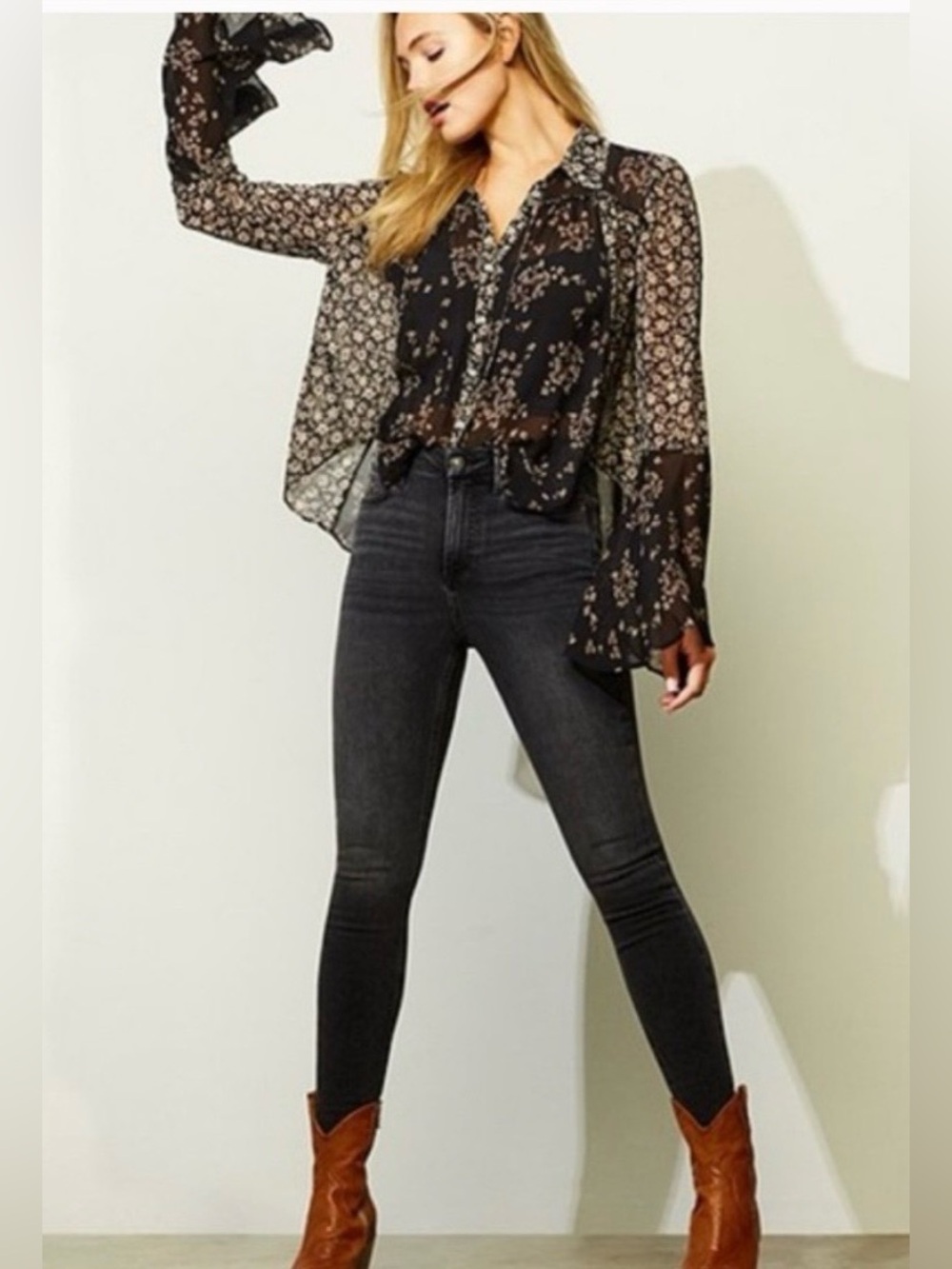 Free People Serena Printed Blouse in black floral combo